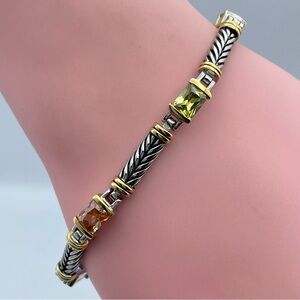 Two-Tone Cable Link Multi-Color Crystal Bracelet 7.5” Designer Style